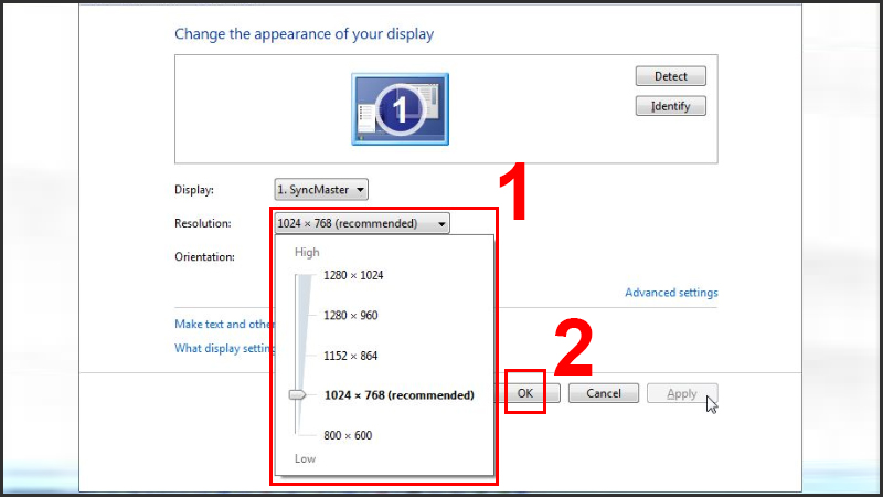 Trượt thanh đến độ ph&acirc;n giải được đề xuất v&agrave; chọn OK để ho&agrave;n tất